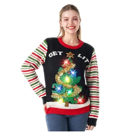 JOYIN Pull Moche de Noel Femme Pull Noel Famille Lumineux LED Pull Noël Moche Drole Hiver Chaud Col Rond Renne Sweat Arbre de Noël Noir M
