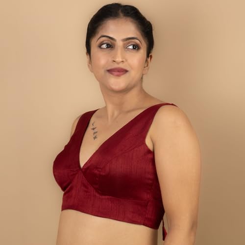 Image of FIGURE'S DESIGNER Women's Dupion Raw Silk Sleeveless V Neck Sabyasachi Cut Readymade Saree Blouse Padded Stitched S4