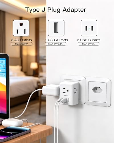 Image of 2 Pack Switzerland Travel Plug Adapter, Type J Power Adapter Works in Switzerland, Liechtenstein, Rwanda, 3 Outlets 3 USB Ports, Travel Essentials