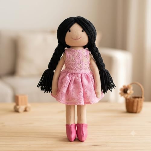 Image of Handcrafted Indian Rag Doll Set, Stitch Soft Toy Doll for Kids, Soft Cotton Fabric Yarn Cloth Doll, Traditional South Indian Soft Toys for Kids Room Decor (Pink, Dot and Net)