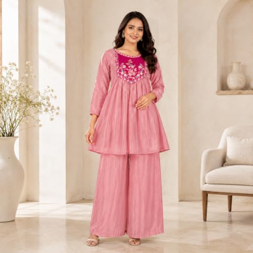 Image of Embroidered Sharara Set for Women | Roman Silk Short Kurta with Flared Sharara Pants | Designer Festive Ethnic Wear Suit Set for Weddings, Sangeet & Celebrations