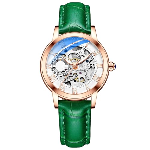 JUSKAQZYI automatikuhr Lässige, Hohle, mechanische Uhr, Leuchtend, wasserdicht, vollautomatische Uhr, Lederarmband, geeignet als Geschenk for Frauen armbanduhren(Groen)