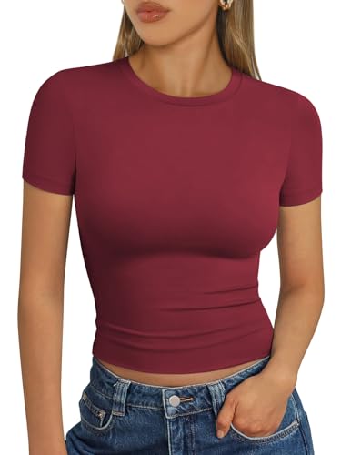 Trendy Queen Womens Short Sleeve T Shirts - Buttery Soft Summer Crop Tops Slim Fit Y2k Basic Tees for Workout Burgundy M