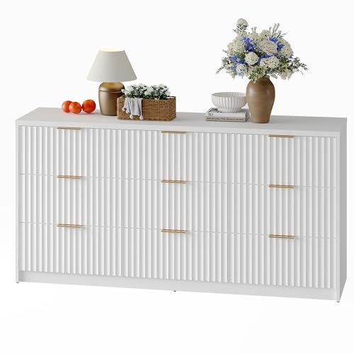 GAOMON Wooden 9 Drawer Dresser for Bedroom, Large Capacity & Anti-Tip, Fluted Dresser for Living Room, with Metal Handles, Modern Chest of Drawers, for Hallway Entryway White 63"D x 15.8"W x