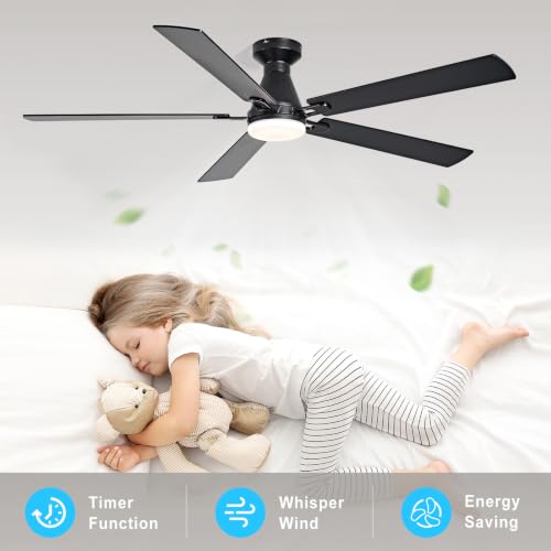 Image of Depuley Modern Ceiling Fan with Light: 60-Inch Black Flush Mount Fandelier | Bedroom Indoor Outdoor Use, 5 Reversible Walnut Blades, 6 Fan Speeds, Timing Function, Dimmable 3CCT, Remote Control Included