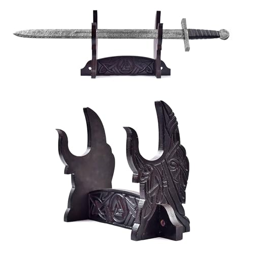 Armory Replicas™ Viking Wooden Sword Display Stand – Hand-Carved Norse Knotwork Table Mount