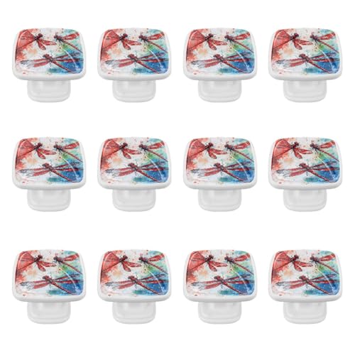 12 Pack 1.18 Dresser Drawer Knobs, Crystal Glass Cabinet Pulls with Screws for Kitchen, Bathroom, Nursery Nursery Kids Room (Red Dragonfly with Red Blue and Green Watercolor Paint)