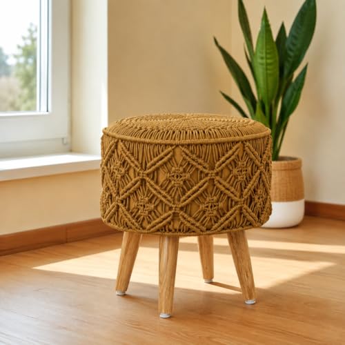 Image of Macrame Ottoman for Living Room | Handcrafted Woven Foot Rest Stool with Solid Wooden Legs | Pouffe for Sitting, Foot Stool for Bedroom & Home Decor | 16x16x18 Inch (Mustard)