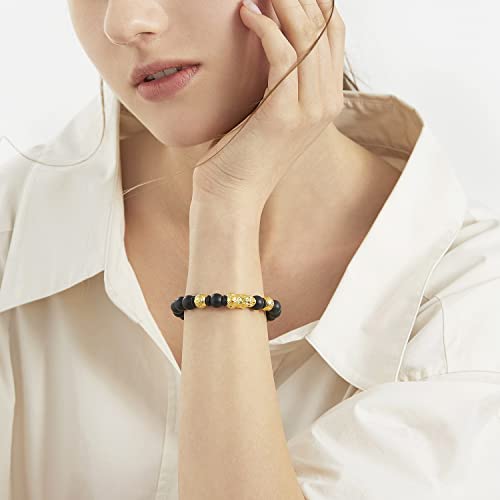 CHOW SANG SANG Cultural Blessings 999 24K Solid Gold Om Mani Padme Hum Pixiu with Black Chalcedony Beaded. Beads Blessing Bracelet for Men & Women 91024B | Size 63