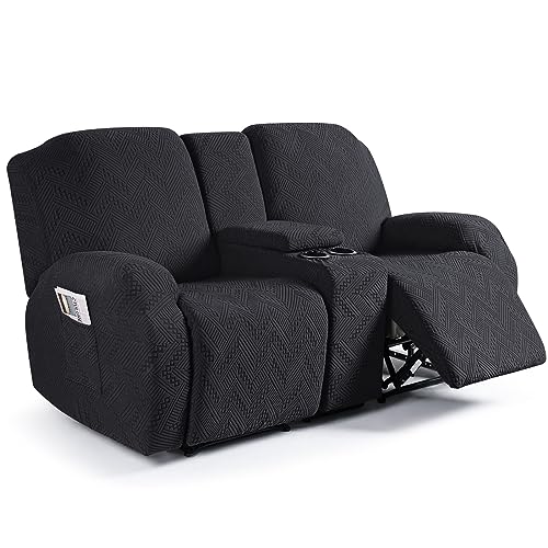 Ruaozz Loveseat Recliner Covers with Console, 4-Pieces Recliner Sofa Covers Stretch Jacquard Reclining Couch Covers with Pockets Furniture Protector with Elastic Straps Bottom (Black)