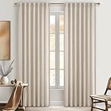 Natural Linen Semi Sheer Curtains & Drapes 84 Inch Length 2 Panels Set for Living Room, Bohemian Pleated Light Filtering Thick Cortinas Para Sala Privacy Window Burg Decor Back Tab 52'Wx84'L,Tiebacks