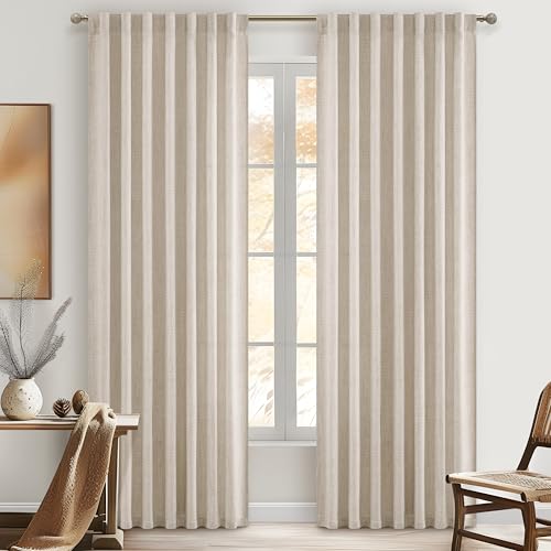 Living Room Custom Curtains 86 Inches Long, Boho Farmhouse Natural Linen Pleated Semi Sheer Drapes Light Filtering for Nursery 88 Inch Length Window 2 Panels Set Rod Pocket & Ceiling Track Tiebacks