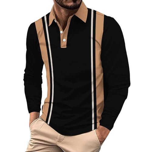 Polo de manga larga a rayas para hombre, camisa con botones y rayas verticales, camisetas casuales de moda, Polo de manga larga negra para hombre, M