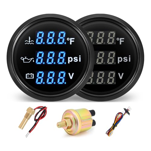MH Triple Gauge Set - Water Temp (104°F-248°F), Oil Pressure (0-145PSI), Voltmeter (9-32V), Blue Backlight AUTO Gauge with Sensors 2" 52mm 3-in-1 Boat Marine Meter Kit (Black) by MH - Used condition - US$30.92