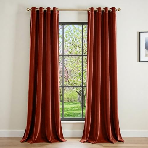 Image of Blackout Rust Red Velvet Curtains Grommet 52x108 Inch 2 Panels | Soft Velvet, For Tall Windows & High Ceilings, Light Shifting Texture, Elegant Luxury Drape, Charming