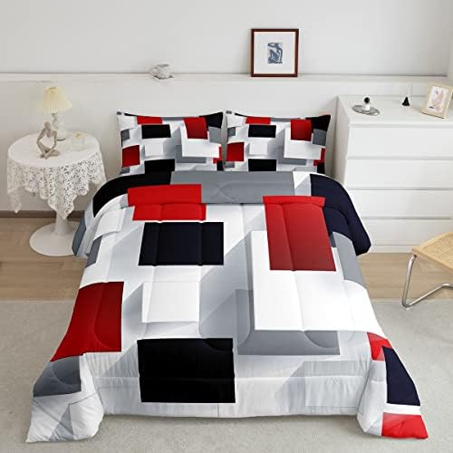 Castle Fairy 3D Geometric Comforter Set Queen Size,Red Black Grey Abstract Square Bedding Gift for Children Adult Xmas Present,Colorful Plaid Print Polyester Quilt Set with 2 Pillowcases, 3 Piece