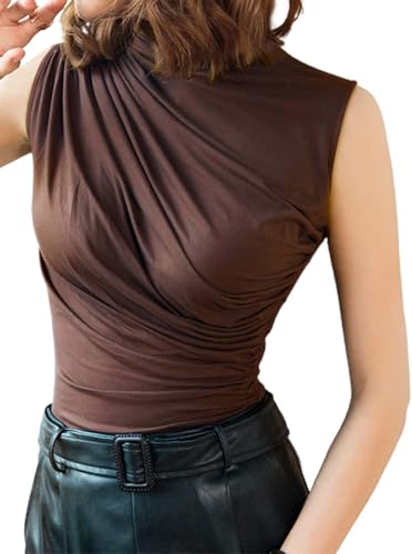 Avanova Women Fitted Sleeveless Ruched Tank Top Shirt Mock Turtleneck Blouses2