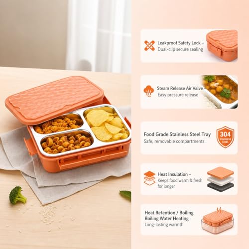 Image of Insulated Stainless Steel Lunch Box with Textured Lid | 3 Compartments | 525ml | BPA Free | Leakproof | Microwave Safe Without Lid | Bento Tiffin Box for Office School Travel (Orange, 3)