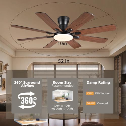Image of JSAITEE Ceiling Fans with Lights, 52 Inch Low Profile Ceiling Fan,Brown | Ceiling FanCeiling with Light Flush Mount, DC Reversible Motor, Noiseless, 6 Speeds Ceiling Fan for Bedroom Indoor