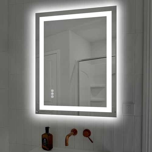 LED Bathroom Mirror with Lights 28x36 Wall Vanity LED Mirror Stepless Dimmable,Double Front and Backlight,Anti-Fog,Memory Smart Mirror for Bathroom