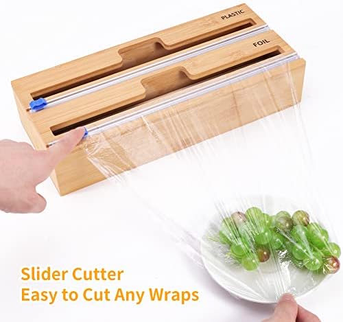 Plastic Wrap Dispenser with Cutter, Bamboo Wood Wrap Dispenser with 1 Roll Plastic Wrap, Tin Foil Dispenser for Parchment Paper, Cling Film Wrap, Reusable Kitchen Storage Tools(2 Grids)