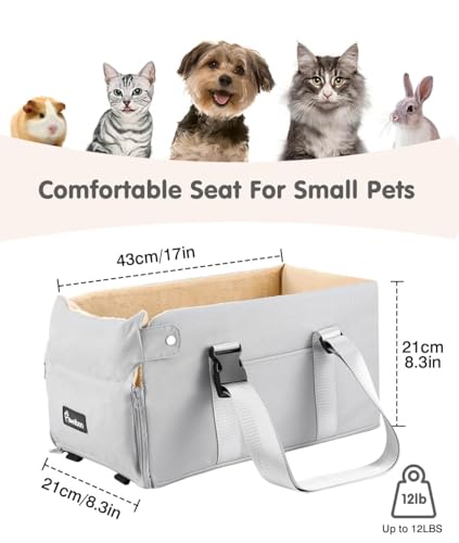 Pawaboo Hunde Autositz für kleine Hunde, Mittelkonsolen-Hundesitzerhöhung, Verdicktes Hundeautositz mit Weichem Plüsch, Hundbett mit Befestigung und Sicherheitsleine, bis zu 15lbs, Grau + Beige