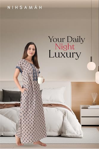 Image of NIHSAMAH Cotton Nighty for Women with Pocket, Premium Printed Long Nighty | Comfortable & Fancy Sleepwear /Nightwear