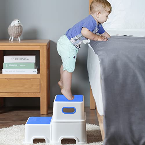 Image of Victostar 2 Step Stool for Kids, Anti-Slip Sturdy Toddler Two Step Stool for Toilet Potty Training, Bathroom,Kitchen (Blue)