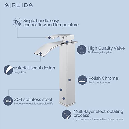 Airuida Tall Bathroom Vessel Faucet Chrome Polish Waterfall Bathroom Single Handle Single Hole Deck Mount Bowl Mixer Tap With Large Waterfall Spout Bar Sink Faucet Lavatory Vanity #TOP4
