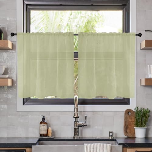 youleyar Solid Sheer Rod Pocket Curtain Voile Draperies 2 Panels White Beige Black Ivory Coffee 26 Inch Width 30 Inch Long 1 Pair for Kitchen Bedroom Children Living Room Yard(Sage Green,26W x 30L)