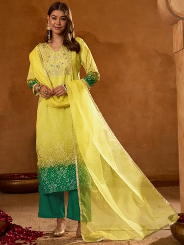 Image of Naixa Women's Lemon Chinon Embroidered Printed Straight Kurta with Green Pant | Chinon Laced Dupatta Set | 3 /4 Sleeve | V-Neck | Haldi (Available in Plus Size)