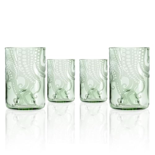 Rolf Glass Upcycled Oscar Octopus Green Glass Tumbler | Recycled Glassware | Made in the USA | Etched Octopus Design | Eco-Friendly Repurposed Bottles | Set of 4
