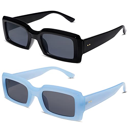 Allarallvr 2 Pack Trendy Rectangle Sunglasses For Women Men Vintage 90'S Square Shades Thick Frame Nude Sunnies Ar82002 With Black+Blue #TOP2