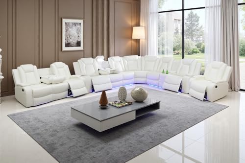 Image of Leather Power Recliner Sectional Sofa Set with LED Light,L Shaped Leather Sectional Couch Set with 5 Recliner Seats,Modular Couches with USB Ports for Living Room Furniture,Creamy White