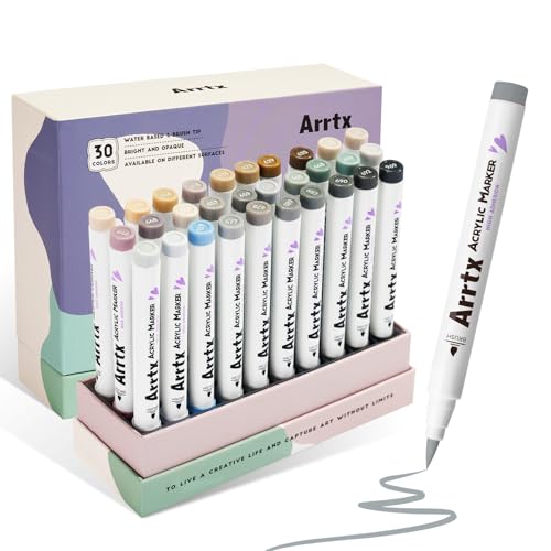 Arrtx アクリルマーカー 30色 グレートーンセット 筆ペン先 速乾性 無毒性 岩石 ガラス 木材 布 DIYクラフト対応 画材 アーティスト 大人向け