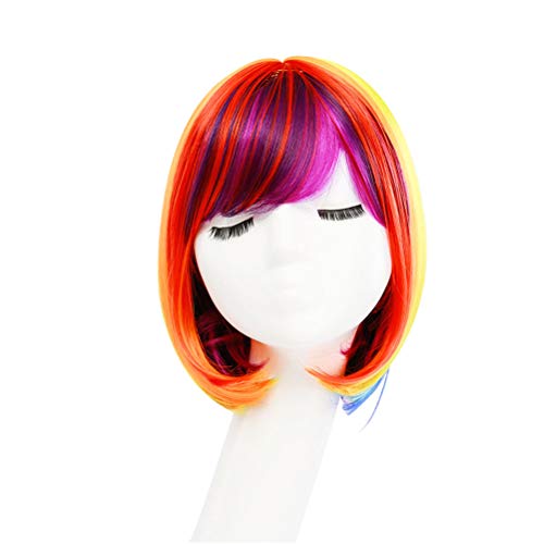 Lurrose Regenbogen Bob Perücke bunte kurze glatte Haare Perücke für Damen Frauen Halloween Party