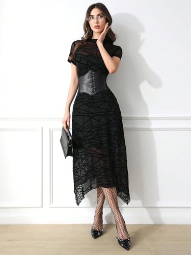 Image of GothDark Women Summer Wedding Guest Floral Mesh Irregular Hem Midi Dress | A-Line, Short Sleeve, Sheer Mesh Overlay, Elegant Vintage Dresses For Party, Semi Formal, Vacation, Dinner, Church