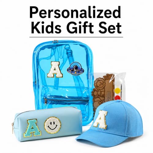 Image of AICA Gifts Personalized Kids Backpack, Pencil Pouch & Cap Combo | Name Embroidered Letters & Patch PVC Bag | Waterproof School Set with DIY Colouring Kit for Boys & Girls 2-10 Years (Babyblue)