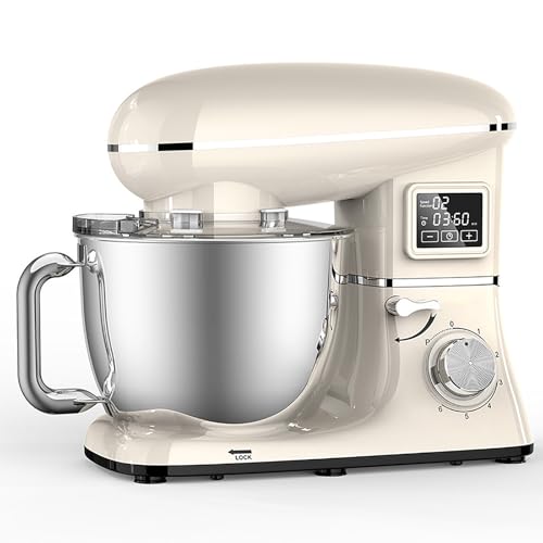 Batidora vertical para masa, batidora industrial, gran capacidad de 5,5 L, 1500 W con batidor, gancho para masa, varillas, 6 velocidades, cabezal inclinable, pantalla LED digital, acero inox