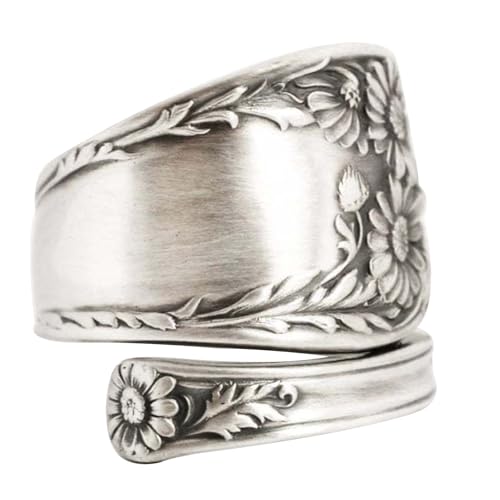 SHINROAD Anillo antialérgico, anillo de longevidad, cuchara de girasol, anillo ajustable, bohemio, vintage, anillo abierto para mujeres y hombres, Metal, Piedra secundaria