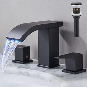 LED Bathroom Faucet 3 Hole, Black Waterfall Bathroom Faucets, 8 Inch Widespread Modern Bathroom Sink Faucet & Parts, Wide Spread Touch On Three Hole 2 Handle Bathroom Vanity Faucet