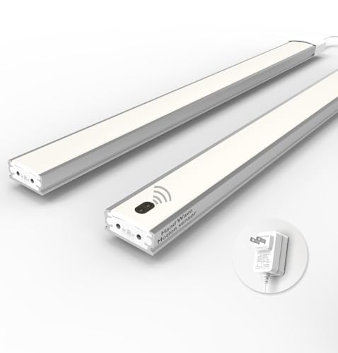 Leetdud Motion Activated Under Cabinet Lights Plug in,16 Inch 2 Pcs Hand Wave Motion Sensor ON/Off Dimmable, Ultra Thin 4000k Linkable Under Cabinet Lighting for Kitchen, Counter, Shelf, Desk, Sink