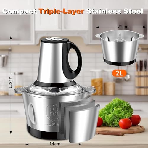 Image of 2L Electric Meat Grinder with Handle | 300W Powerful Meat Mincer & Food Chopper | Stainless Steel Bowl | 4D Sharp Blades | Dual Speed | Multi-Purpose Kitchen Chopper for Meat, Vegetables & Spices
