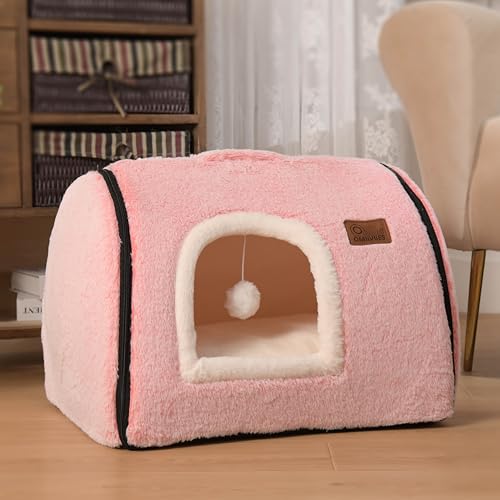 cat Bed cave-cat beds for Indoor Cats,Soft and Comfortable Cute cat Bed，cat House,with Removable Washable Cushioned Pillow,Enclosed pet Bed,Kitty pet hut、Hideaway,Small Large Dog Tent (Pink)