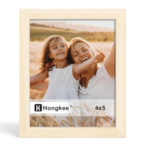 Hongkee 4x5 Picture Frame Made of Solid Wood With Real Glass Frame Horizontal and Vertical Display for Wall or Tabletop (Natural 1 Pack)