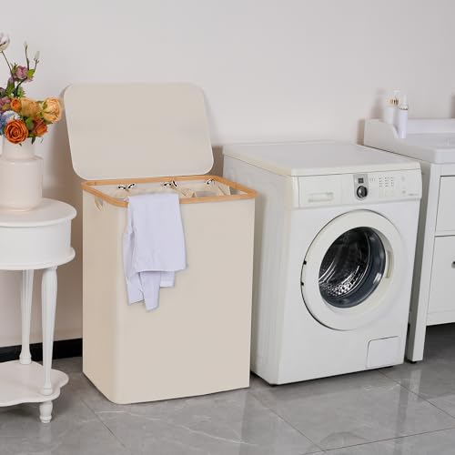 efluky Laundry Hamper 3 Section with lid and 3 Removable Bags, Beige - image 6