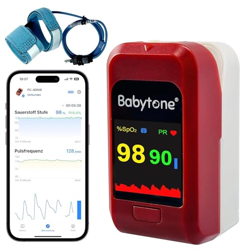Babytone Pulsioxímetro para Bebés y Adultos - Oxímetro de Dedo Portátil para Oxígeno en Sangre, Monitor de Ritmo Cardíaco con Alarma e Informes de Salud