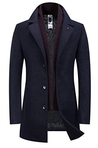 CHARTOU Men's New Wool Blend Gentlman Winter Midi Busiess Jacket Trench Coat (Navy Blue, Small)