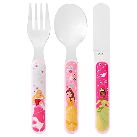 Disney Princess 3 Piece Cutlery Set - Metal, Reusable Children's Knife, Fork & Spoon, Kids-Size, Made from Food-Safe Stainless Steel & ABS Plastic - with Belle, Tiana & Aurora - for 12 Months & Up Cover