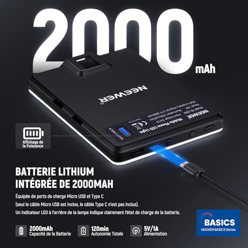 Lampe LED rechargeable 2000 mAh avec support téléphone pour webcam